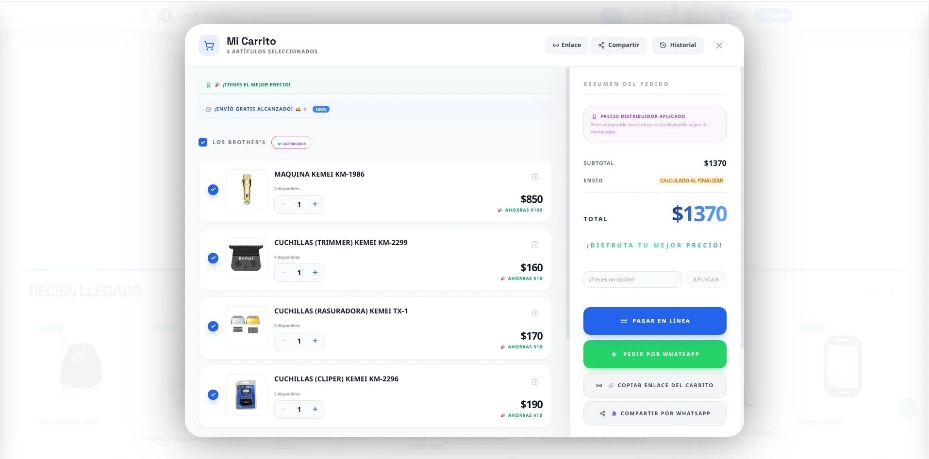 Carrito de la tienda Fix OS: pagar en línea o pedir por WhatsApp, con precio por tipo de cliente aplicado